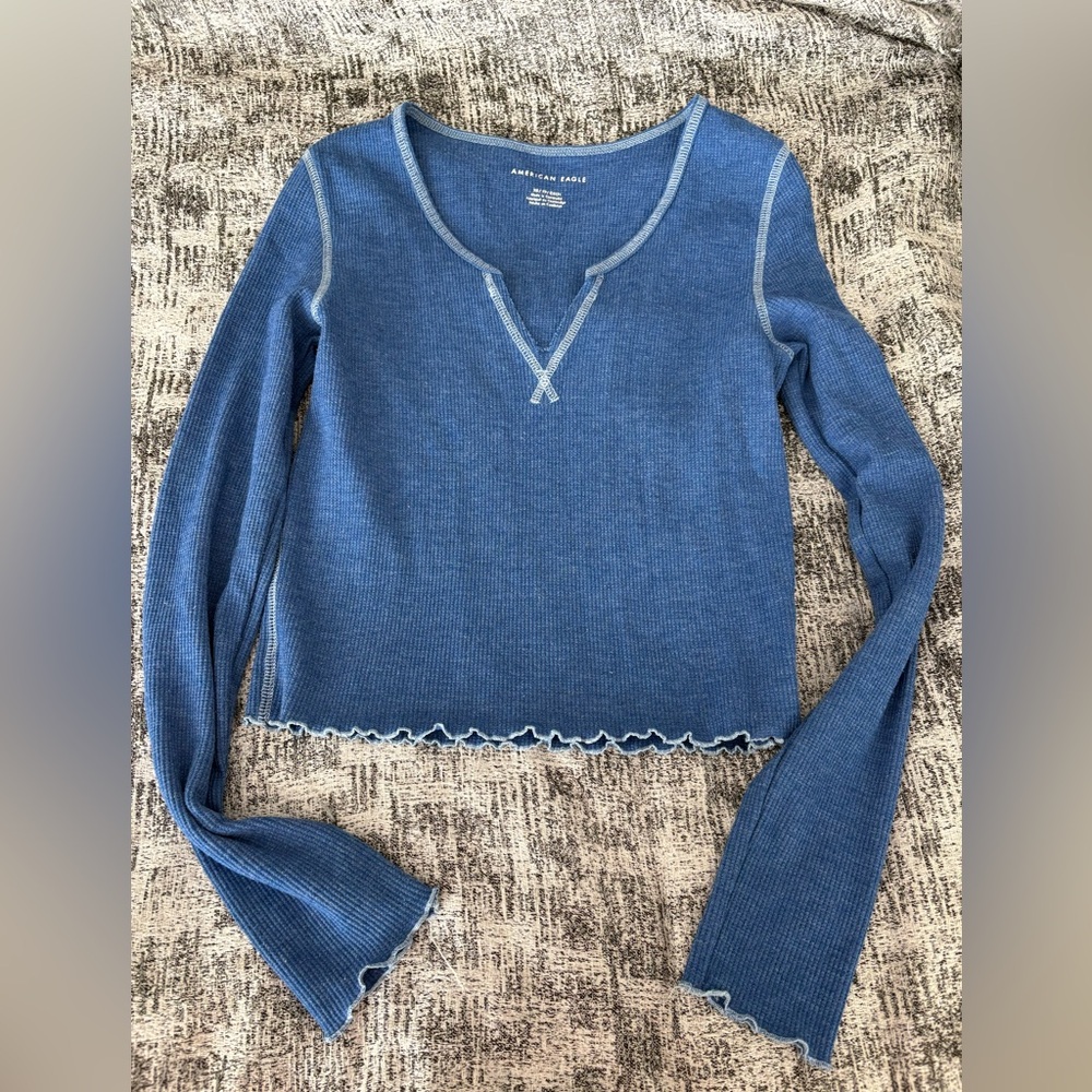 American Eagle Blue Thermal Cropped Long Sleeve Top Size XS